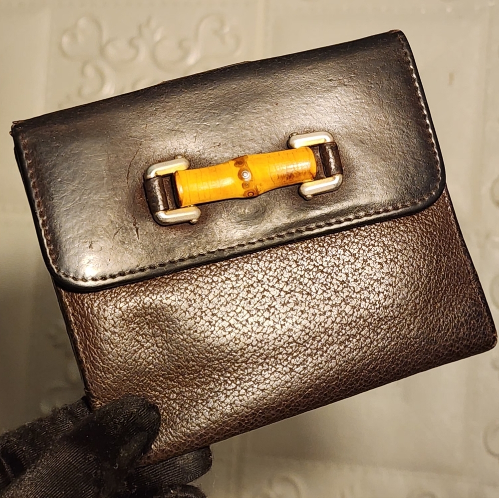 Gucci Diana Bamboo Brown Leather & Suede Wallet French Compact Wallet Authentic